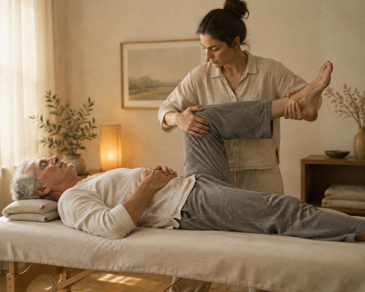 A practitioner gently assisting a man with a leg stretch on a treatment table