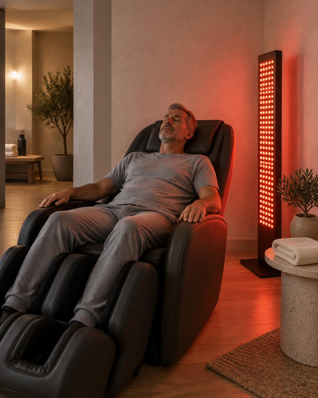 A man relaxing in a massage chair beside a glowing infrared light panel