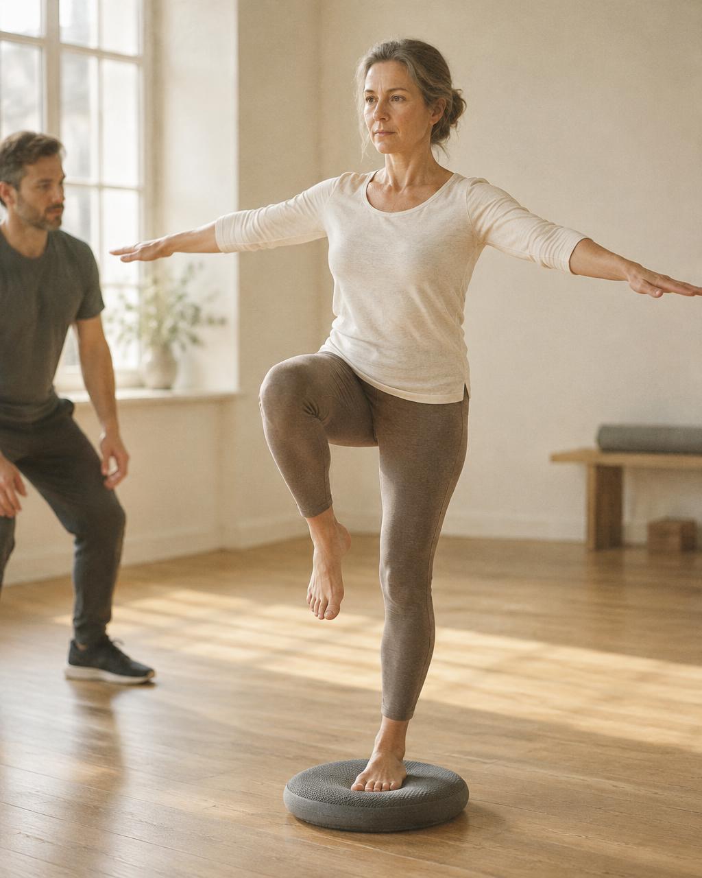 A woman balancing on one leg on a soft balance pad in a bright studio